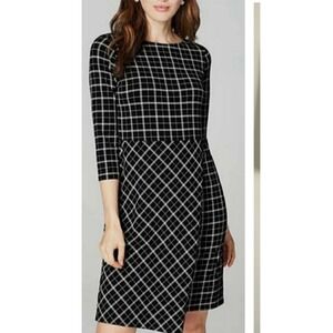 J.Jill Wearever Windowpane Faux Wrap Jersey Black Plaid 3/4 Sleeve Dress - Large